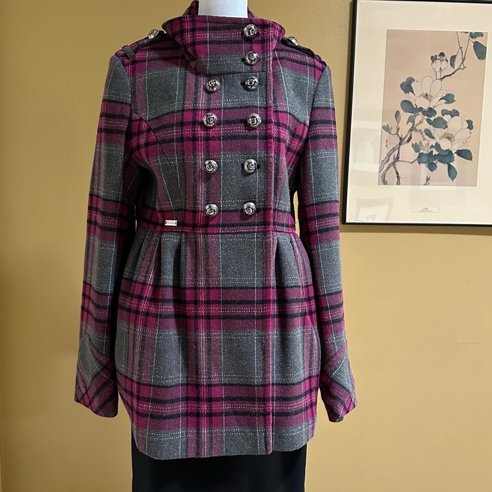 ♥️ G by Guess Pink & Gray Plaid Double-Breasted Coat — Size Medium